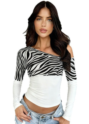 Asymmetrical Slant-Shoulder Long-Sleeve Casual Top Fashion Outfit Women's Clothing