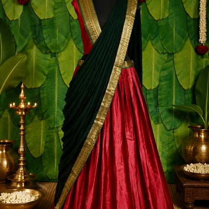 Kerala Half Saree Set for Women | Green & Red Traditional South Indian Half Saree | Ready to Wear Skirt Dupatta | Unstitched Blouse Piece