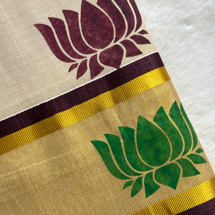 Premium Kerala Kasavu Saree – Off-White with Dual Lotus Motifs & Gold Border