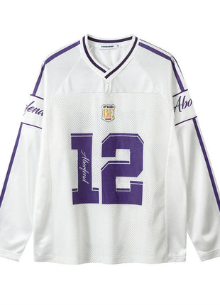 Digital Printed Long-sleeved T-shirt Jersey Contrast Color V-neck Top