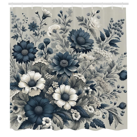 ABAKUHAUS Navy Blue Shower Curtain, Wild Monochrome Flowers, Cloth Fabric Bathroom Decor Set with Hooks, 175 x 200 cm, Petrol Blue Coconut