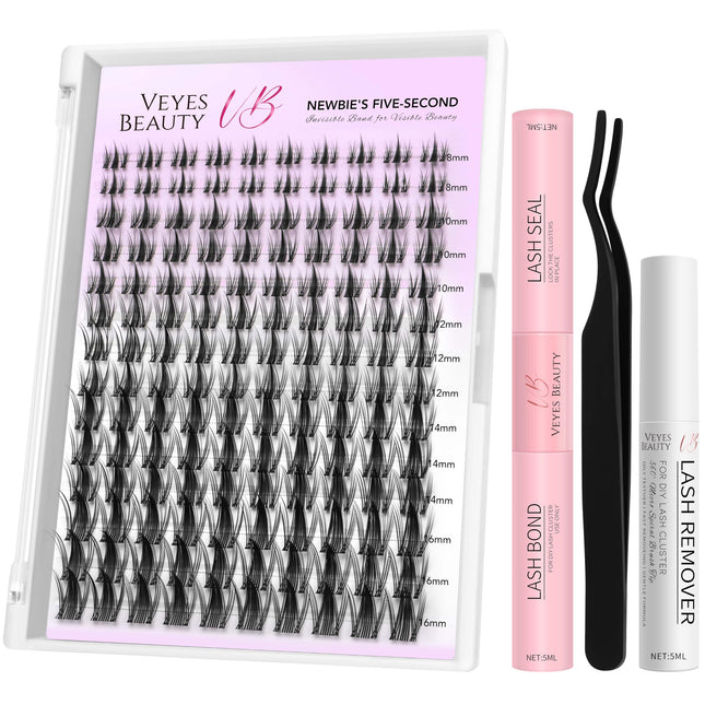 VEYESBEAUTY Cluster Lashes Kit Newbie's Five-Second Eyelashes Individual Wispy Lash Clusters Mixed Length Lash Bond And Seal Waterproof Lash Kit