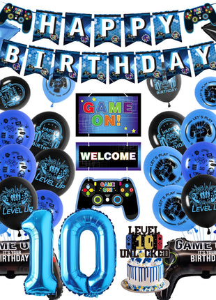 10th Birthday Banner Decorations Kids - Blue Double digits Gaming Party Decor Set with Controller Foil Balloons, Happy Birthday Banners Balloon Cake