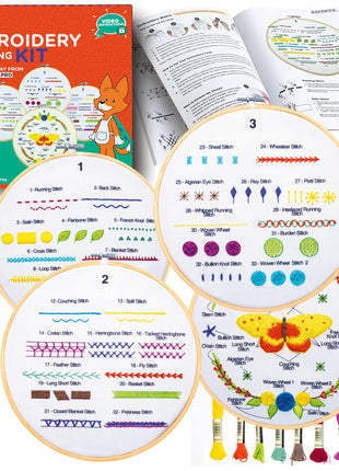 Azenera Beginner Embroidery Kit (4 Pack) Learn 33 Stitches with Easy DIY Video Tutorials, Coloured Design Patterns, Thread Floss, Cross Stitch Hoop,