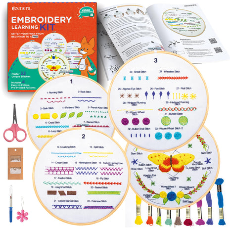Azenera Beginner Embroidery Kit (4 Pack) Learn 33 Stitches with Easy DIY Video Tutorials, Coloured Design Patterns, Thread Floss, Cross Stitch Hoop,