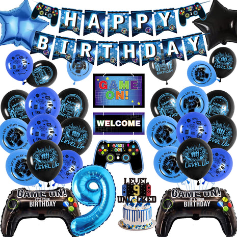 9th Birthday Banner Decorations Kids - Blue Gaming Party Decor Set with Controller Foil Balloons, Happy Birthday Banners Balloon Cake Topper for Boys