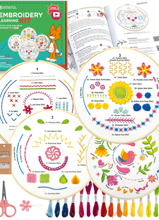 Azenera Beginner Embroidery Kit (4 Pack) for Adults, Learn 33 Stitches with Easy DIY Video Tutorials, Coloured Design Patterns, Cross Stitch Hoop,