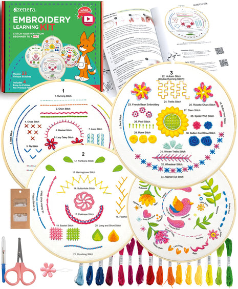 Azenera Beginner Embroidery Kit (4 Pack) for Adults, Learn 33 Stitches with Easy DIY Video Tutorials, Coloured Design Patterns, Cross Stitch Hoop,
