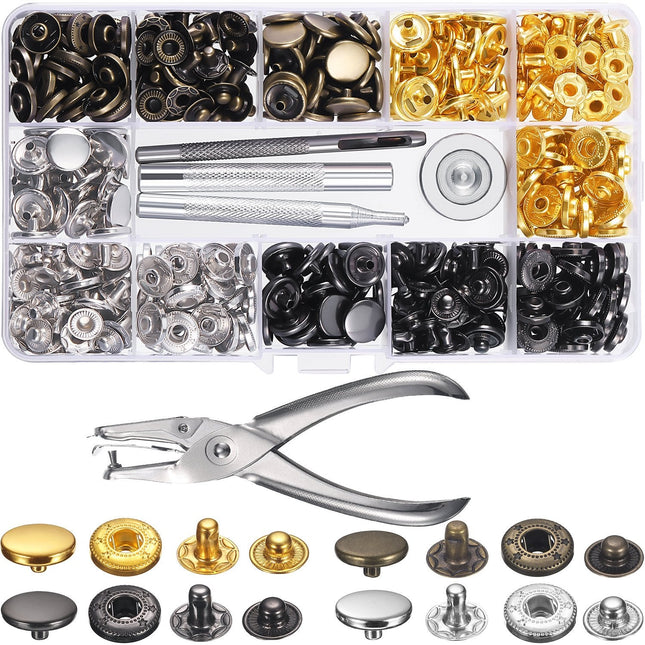 120 Set Sewing Snap Fasteners Kit Metal Snaps Button Press Studs with Punch Pliers and 4 Pieces Fixing Tool Kit for Clothes Craft Repairs Decoration,