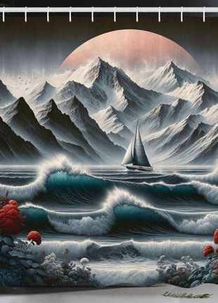 ABAKUHAUS Nautical Shower Curtain, Sailing in Abstract Ocean, Cloth Fabric Bathroom Decor Set with Hooks, 175 x 200 cm, Petrol Blue Red Blue-Grey