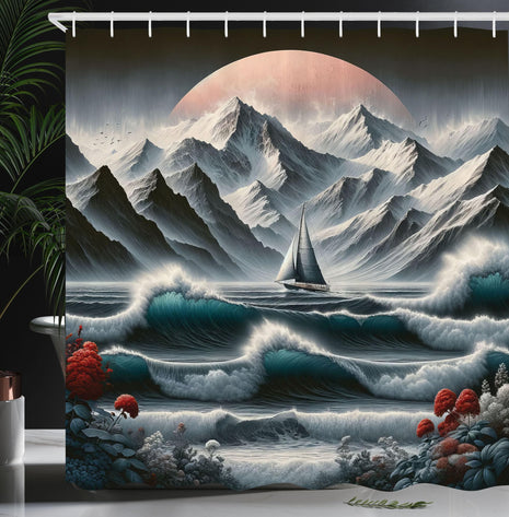 ABAKUHAUS Nautical Shower Curtain, Sailing in Abstract Ocean, Cloth Fabric Bathroom Decor Set with Hooks, 175 x 200 cm, Petrol Blue Red Blue-Grey