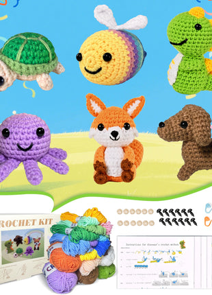Alutaba Crochet Kit for Beginners Adults, 6Pcs Crochet Animal Kits for Adults with Step by Step Videos Tutorials, Knitting Kit for Crochet Lovers