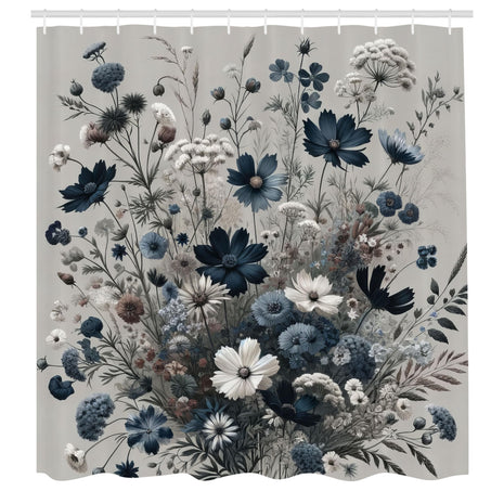 ABAKUHAUS Navy Blue Shower Curtain, Wildflowers Monochrome, Cloth Fabric Bathroom Decor Set with Hooks, 175 x 200 cm, Dark Petrol Blue Coconut