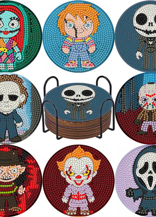 BEAYIOU 8Pcs Diamond Painting Coasters with Holder, DIY Halloween Life Coaster Diamond Art Kits for Adults Kids, Beginners Round Full Drill Acrylic