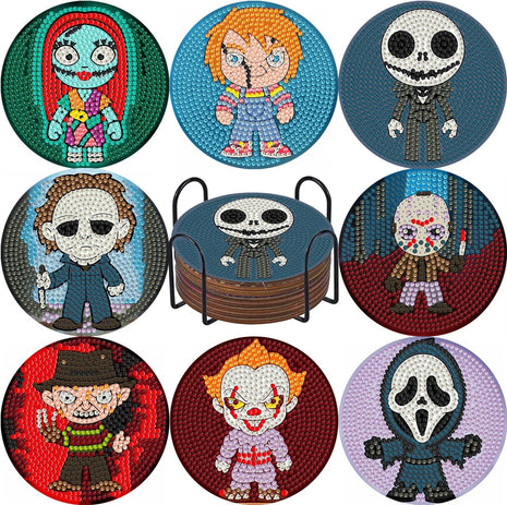 BEAYIOU 8Pcs Diamond Painting Coasters with Holder, DIY Halloween Life Coaster Diamond Art Kits for Adults Kids, Beginners Round Full Drill Acrylic