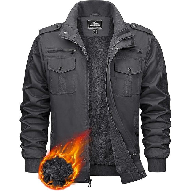 Mens Winter Fleece Cargo Jacket Thick Military Bomber Grey Size L KEFITEVD
