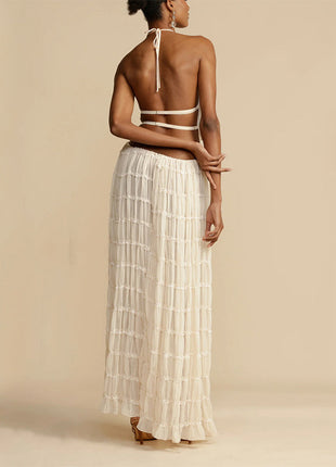 2pcs Women's Dress Suit Sexy Sleeveless Backless Cropped Halter Top And Pleated Long Skirt Beach Clothing