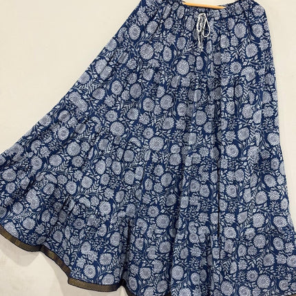 Blue Floral Tiered Cotton Maxi Skirt – Free Size