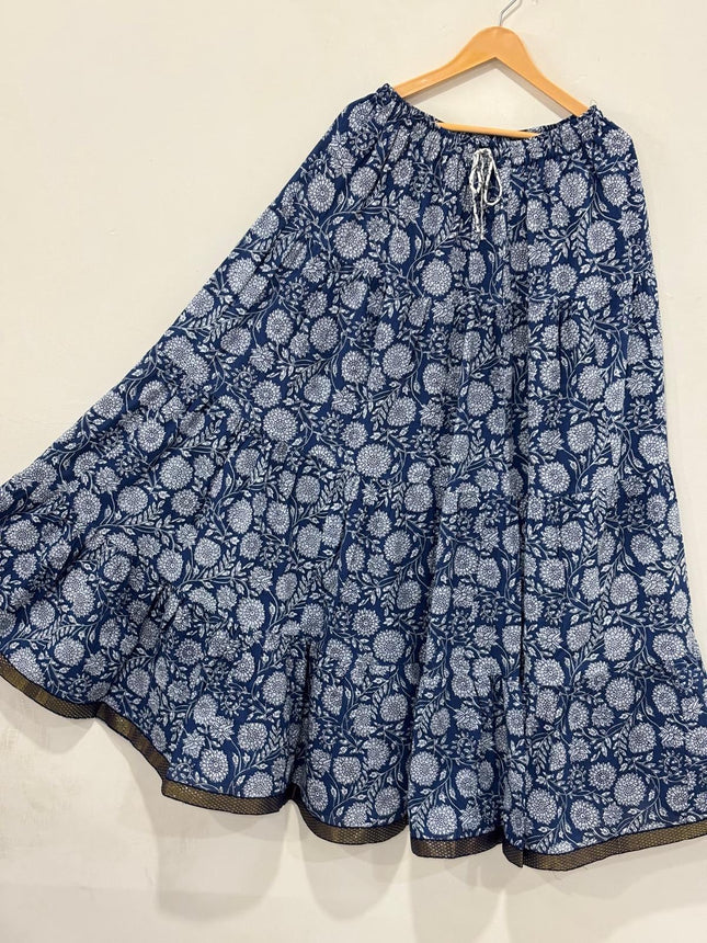 Blue Floral Tiered Cotton Maxi Skirt – Free Size