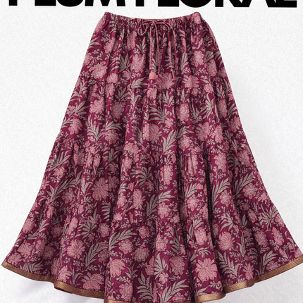 Blackfever Plum Floral Tiered Maxi Skirt with Gold Zari Border