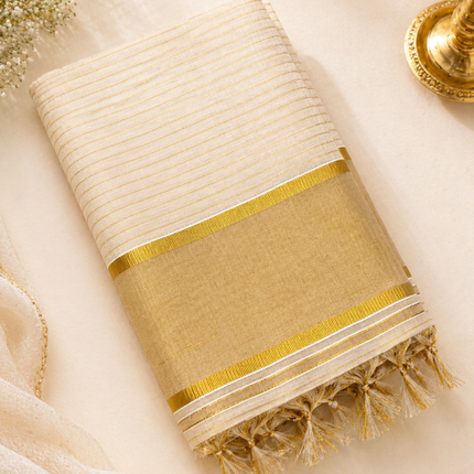 Elegant Kerala Kasavu Saree with Golden Border – Traditional Off-White Saree