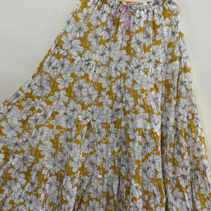 Blackfever Women's Tiered Floral Maxi Skirt - 100% Cotton, Mustang Yellow & White