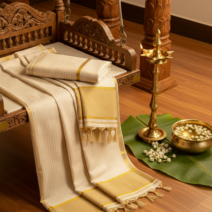 Elegant Kerala Kasavu Saree with Golden Border – Traditional Off-White Saree
