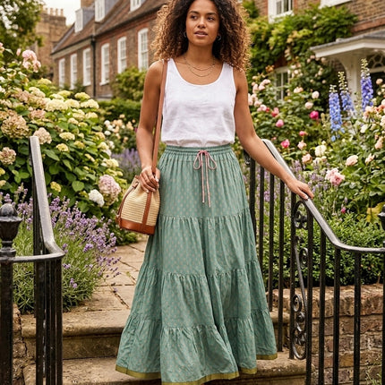Blackfever Women's Sage Green Maxi Skirt - 100% Cotton with Gold Print