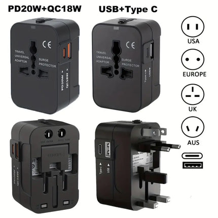 Universal Travel Adapter International All in One PD20W & QC18W Power Plug Wall Charger USB C Charging Ports for USA EU UK AU