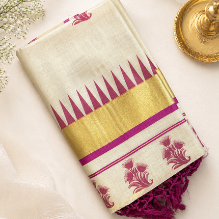 Luxury Kerala Kasavu Saree – Off-White with Magenta Temple Border & Gold Zari
