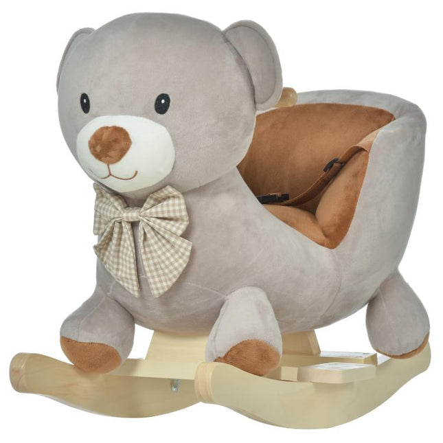 Kids Children Rocking Horse Plush Ride On Bear Seat w/ Sound Wood Base Seat Safety Belt Toddler Baby Toy for 18-36 Months Grey