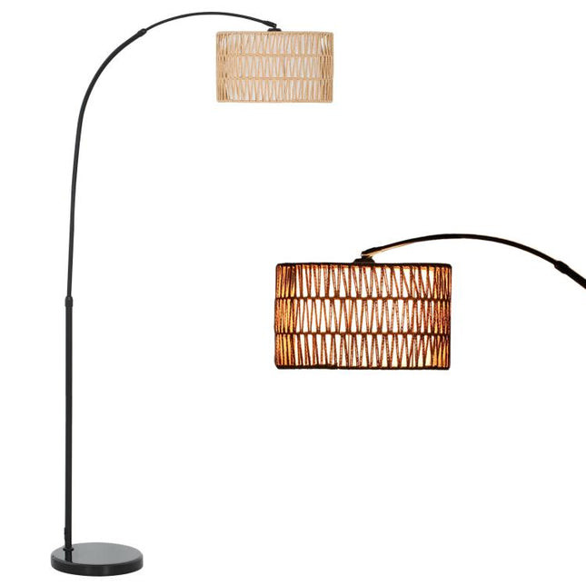 Rattan Floor Lamp for Living Room, Farmhouse Arc Standing Lamp with Dual-Layer Shade & Foot Switch, Height Adjustable Minimalist Tall Pole Lampshade for Bedroom, Office, Black