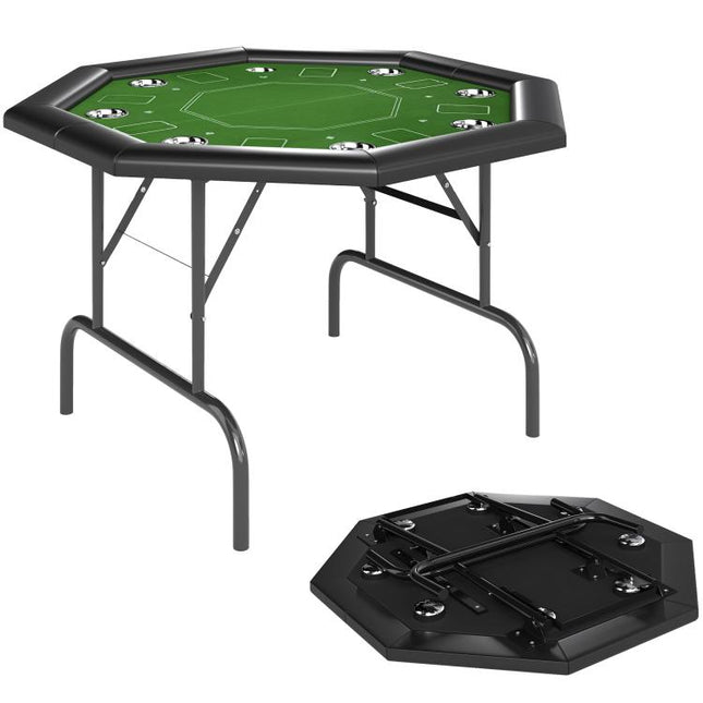 8 Player Folding Poker Table, Portable Octagon Blackjack Table with Cup Holders, Padded Edge, Green