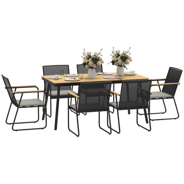 6?Seater Garden Dining Set with Cushions, Rattan Backrest, Plastic Top, Garden Furniture Set, Natural Wood Finish