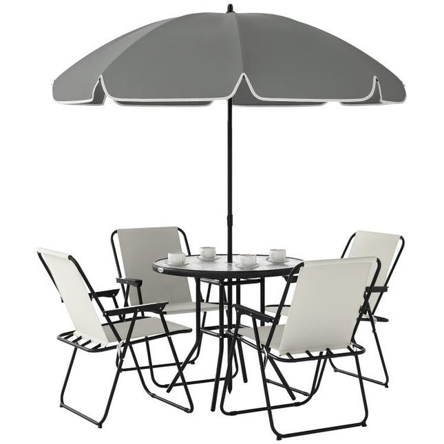 4 Seater Garden Furniture Set, 6 Pieces Garden Table and Chairs with Parasol, Outdoor Garden Dining Set with Folding Chairs and Round Glass Top Table for Patio, Cream White
