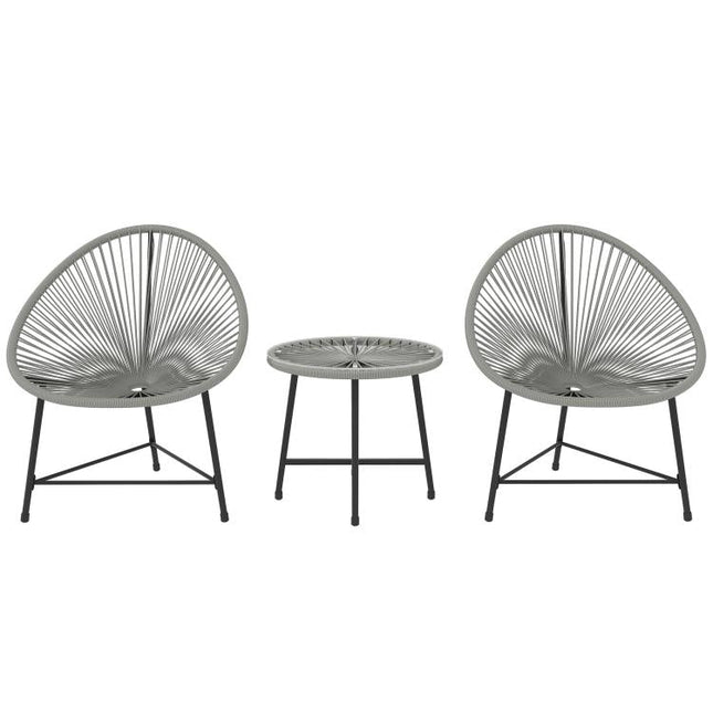 3 Pieces Rattan Bistro Set, Garden Bistro Set with Acapulco Chairs and Glass Top Table, Small Garden Furniture Set with Reinforced Metal Frame for Outdoor, Patio, Balcony, Grey