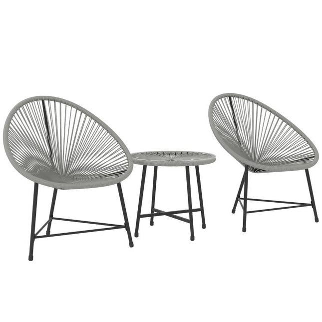 3 Pieces Rattan Bistro Set, Garden Bistro Set with Acapulco Chairs and Glass Top Table, Small Garden Furniture Set with Reinforced Metal Frame for Outdoor, Patio, Balcony, Grey