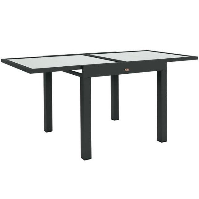 Extending Garden Table, Outdoor Dining Table with Aluminium Frame and Tempered Glass Tabletop, 80/160 x 80 x 75 cm, Black and Clear