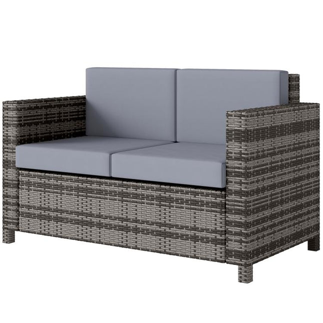 Rattan Sofa, 2 Seater Garden Furniture with Soft Padded Cushion and Armrests, Wicker Garden Loveseat for Patio, Mixed Grey