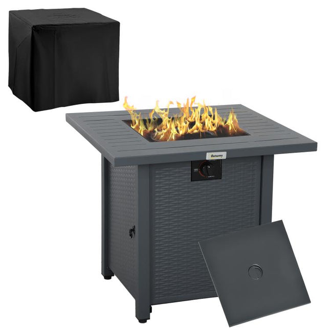 Rattan-style Propane Gas Fire Pit Table with 40,000 BTU Burner, Square Smokeless Firepit Patio Heater with Thermocouple, Lava Rocks, Waterproof Cover, Spark Guard and Lid, Grey