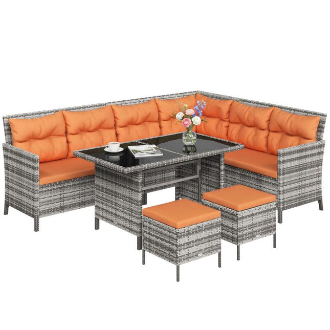 7-Seater Patio wicker Sofa Set Rattan Chair Furniture w/ Glass & Cushioned, Orange