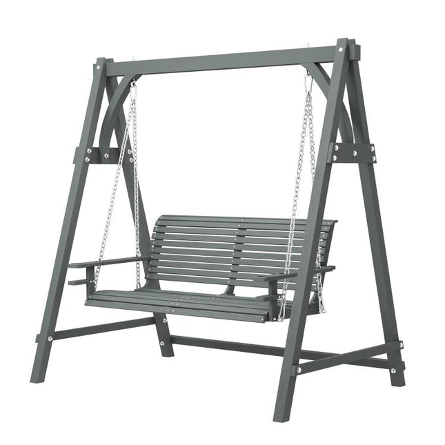 2 Seater Garden Swing Seat, Wooden Swing Chair Bench with Cup Holders for Outdoor Porch Patio, Grey