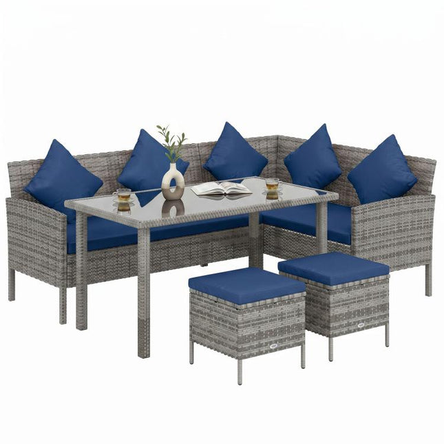 5 Pieces Rattan Garden Furniture Set with Dining Table, Cushions - Dark Blue