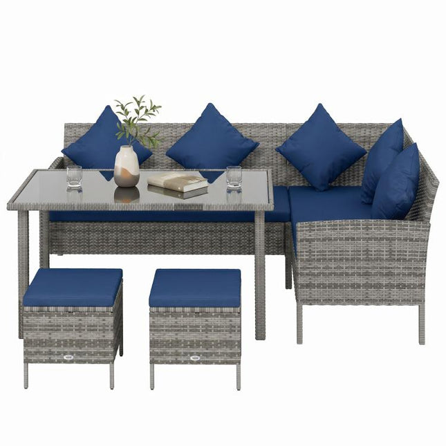 5 Pieces Rattan Garden Furniture Set with Dining Table, Cushions - Dark Blue