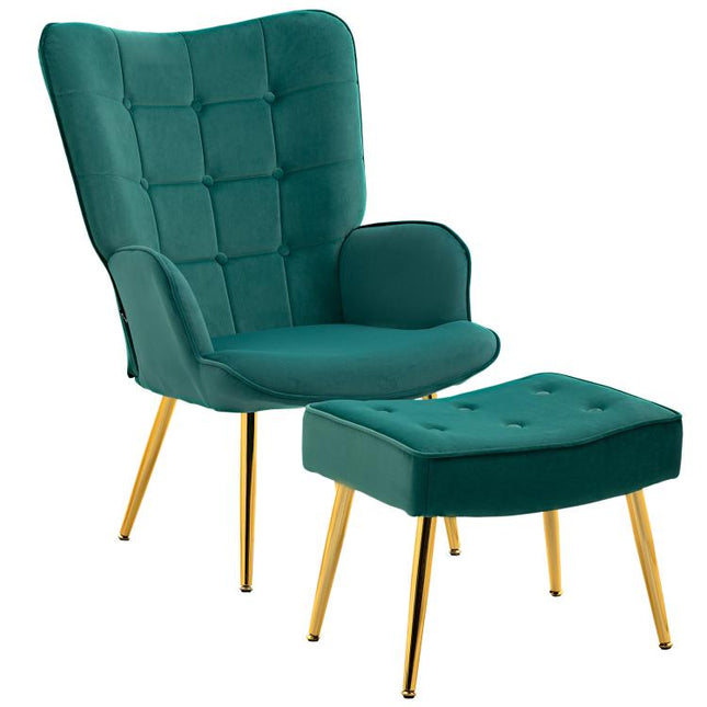 Modern Armchair with Footstool, Upholstered Accent Chair with Ottoman, Steel Legs, Velvet Wingback Chair for Living Room, Bedroom, Home Study, Dark Green
