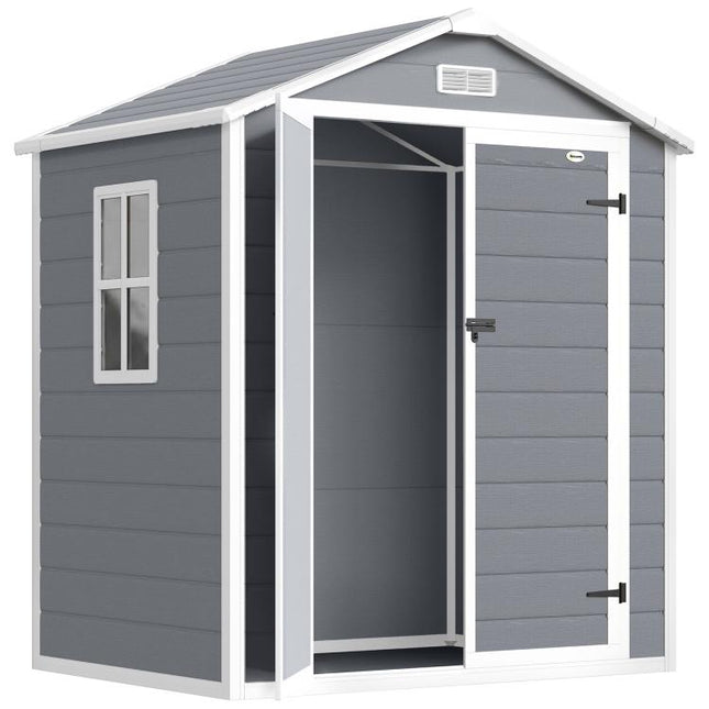 6 feetx4.5 feet Garden Storage Shed, Lockable Garden Shed with Double Doors, Window, Vent and Plastic Roof, Grey