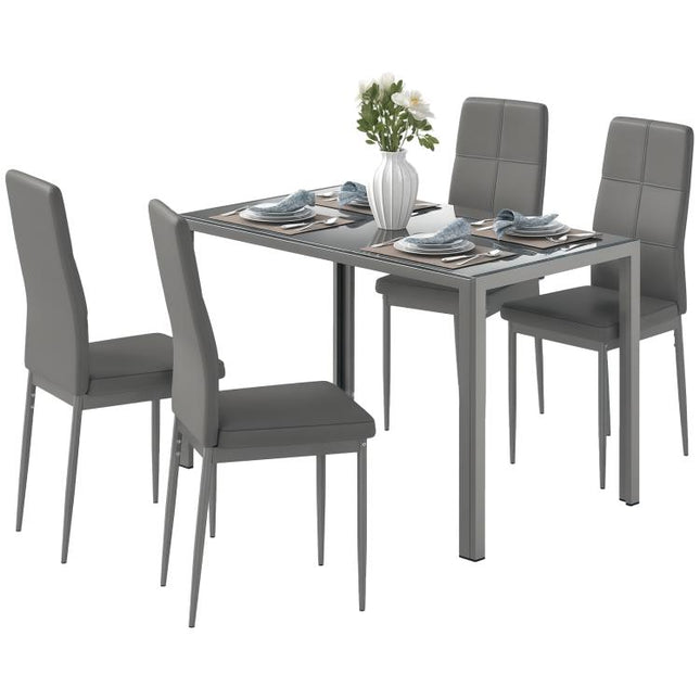 5-Piece Kitchen Dining Table Set with 4 Faux Leather Metal Frame Chairs Glass Tabletop Desk for Dining Room, Kitchen, Dinette, Grey