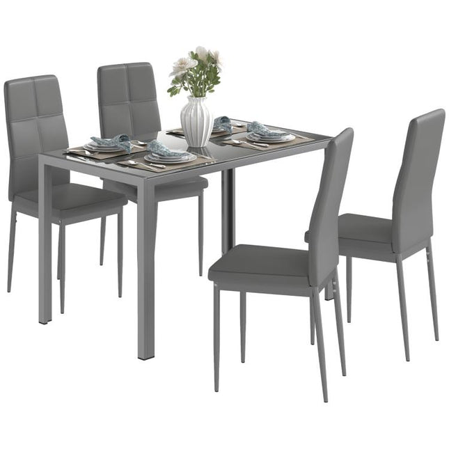 5-Piece Kitchen Dining Table Set with 4 Faux Leather Metal Frame Chairs Glass Tabletop Desk for Dining Room, Kitchen, Dinette, Grey