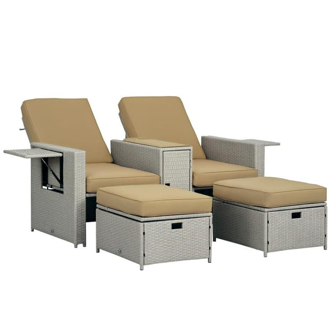 5PC PE Rattan Sun Lounger, Outdoor Wicker 5-level Adjustable Recliner Sofa Bed with Storage Side Table and Footstools, for Patio, Garden, Poolside, Beige