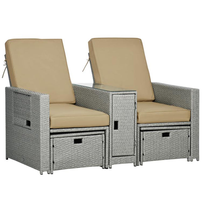 5PC PE Rattan Sun Lounger, Outdoor Wicker 5-level Adjustable Recliner Sofa Bed with Storage Side Table and Footstools, for Patio, Garden, Poolside, Beige